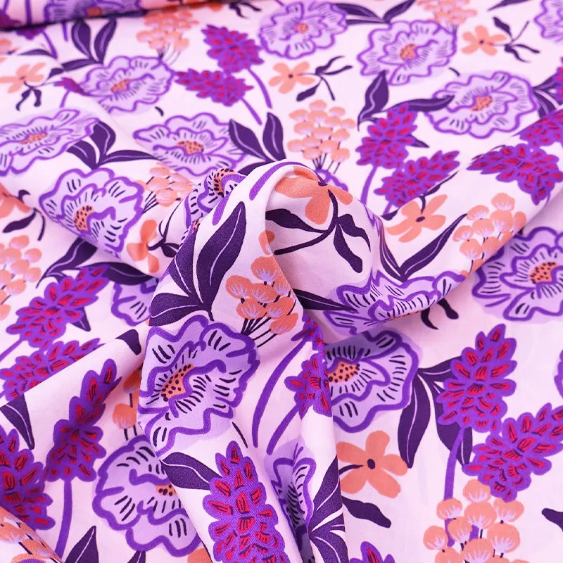 90CM REMNANT Cotton Poplin - Lilac and Pale Pink - Flower Bomb