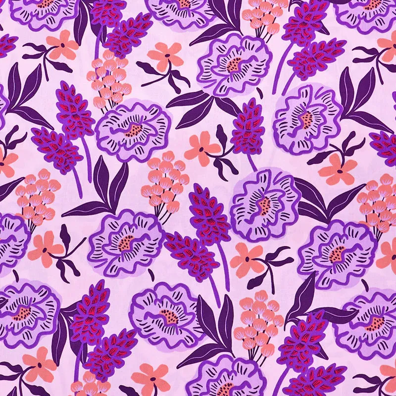 90CM REMNANT Cotton Poplin - Lilac and Pale Pink - Flower Bomb