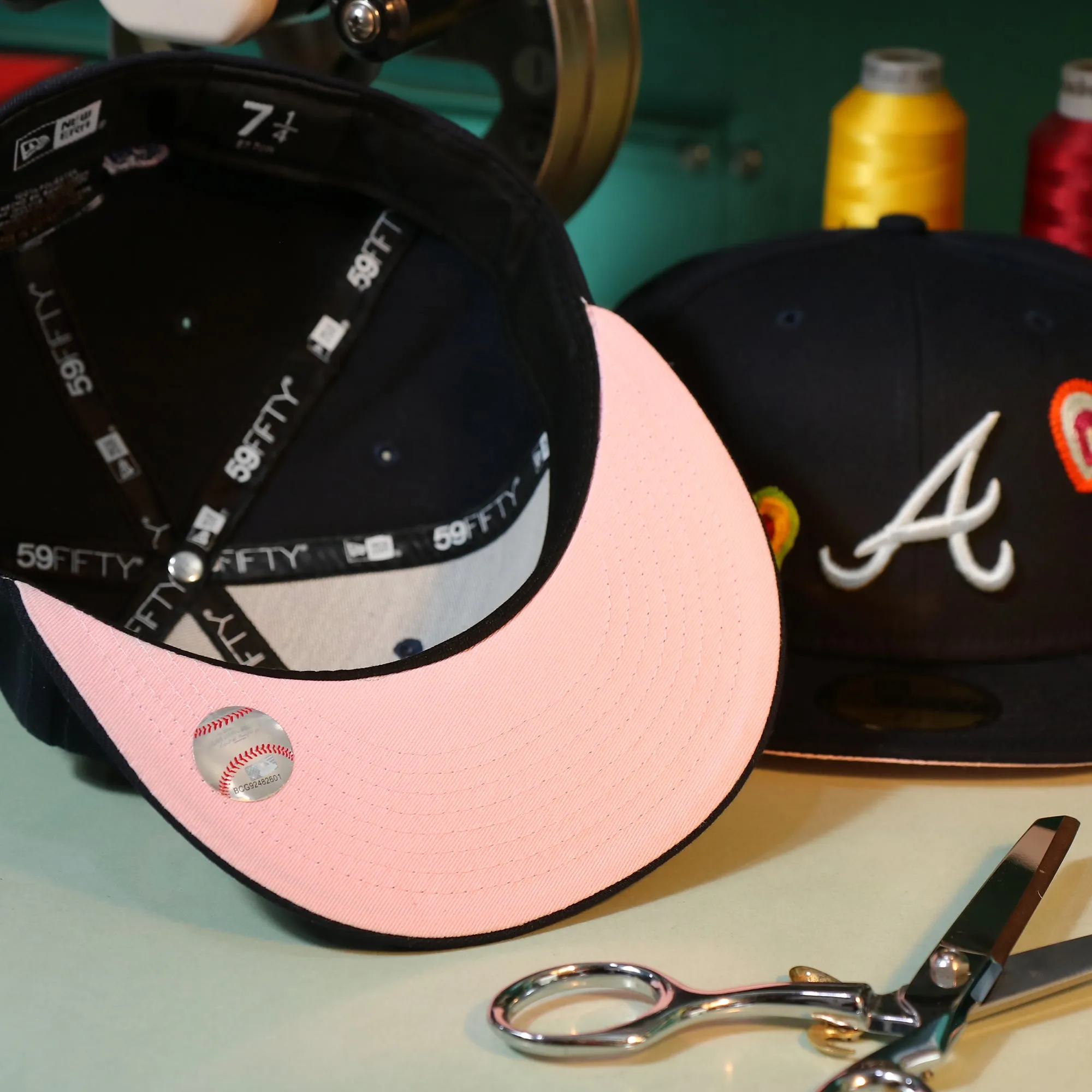 Atlanta Braves All Over Embroidered Chain Stitch Heart Pink Bottom 59Fifty Fitted Cap | Navy 59Fifty Cap