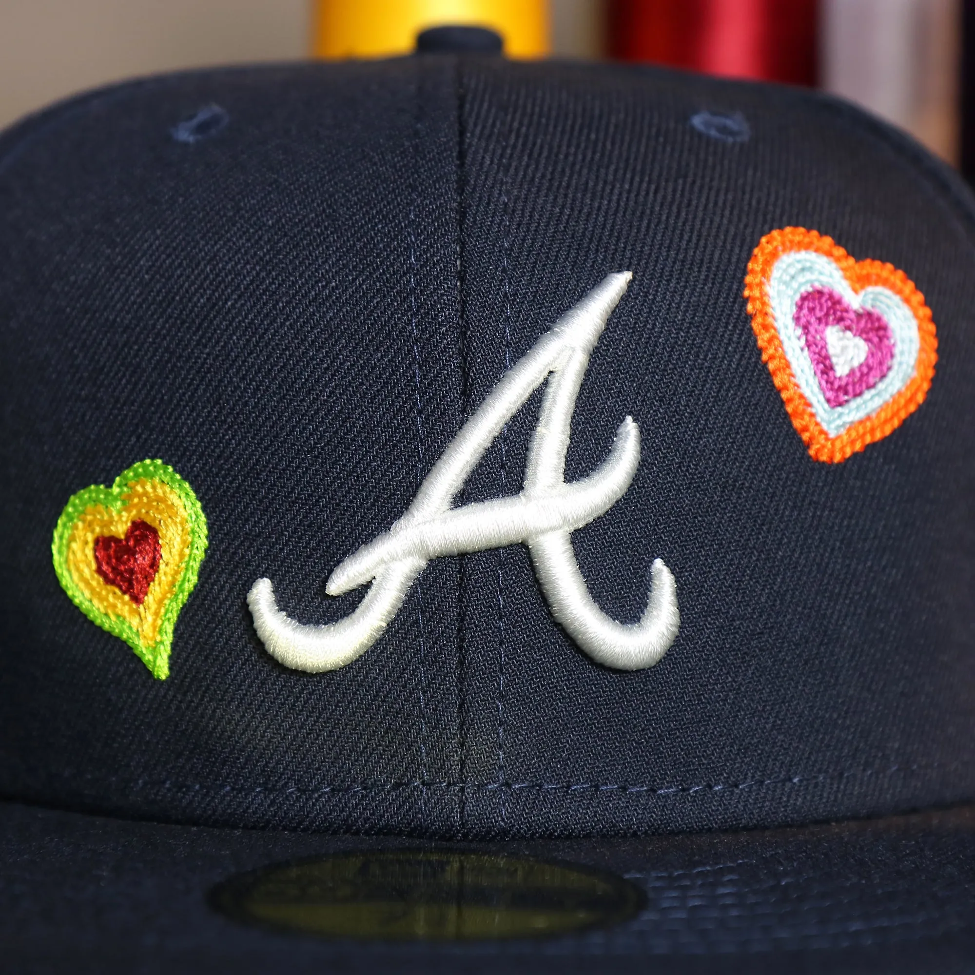 Atlanta Braves All Over Embroidered Chain Stitch Heart Pink Bottom 59Fifty Fitted Cap | Navy 59Fifty Cap