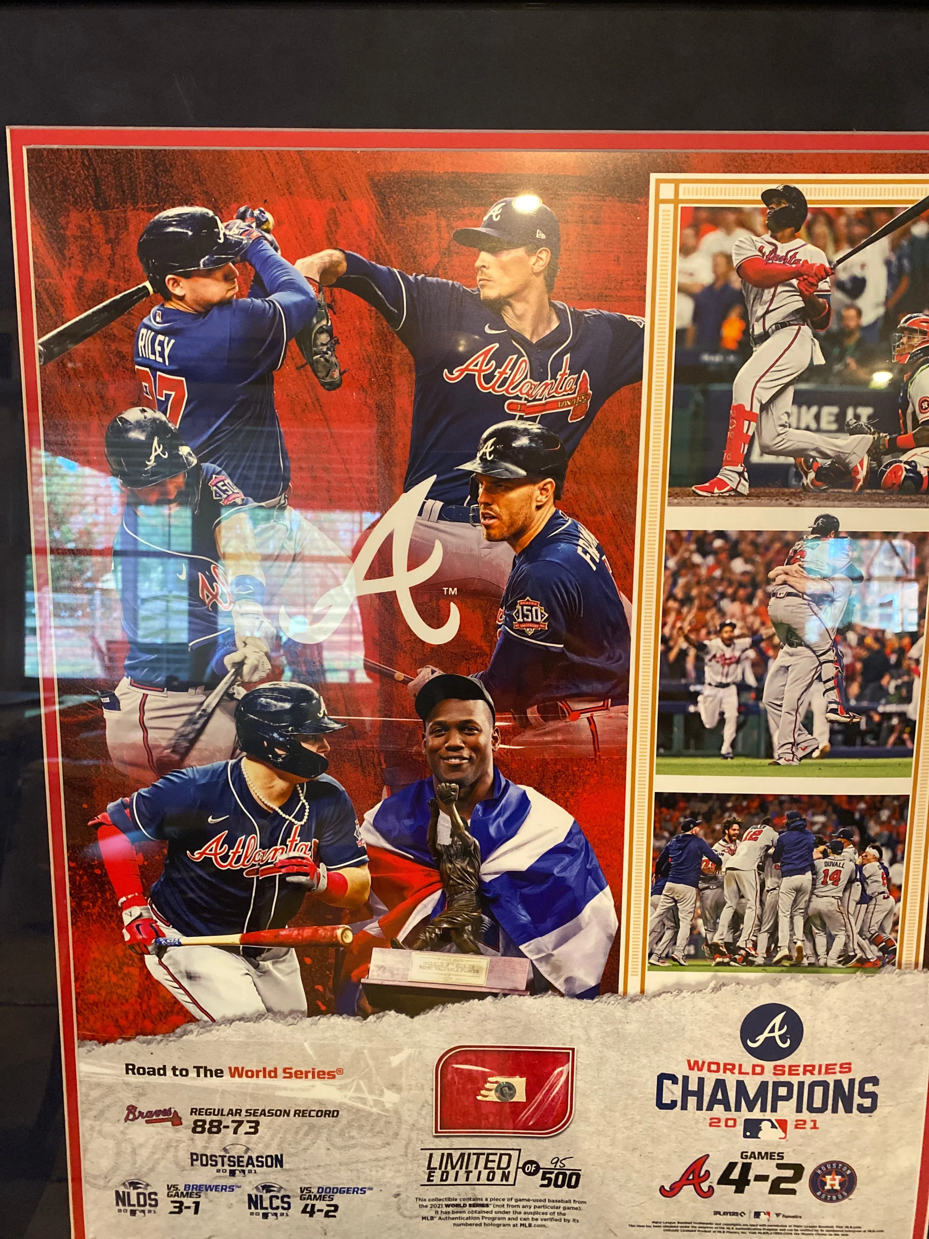 Atlanta Braves Fanatics Authentic 2021 MLB World Series Champions Framed 16'' x 20'' Scores Collage with a Piece of Game-Used Wo