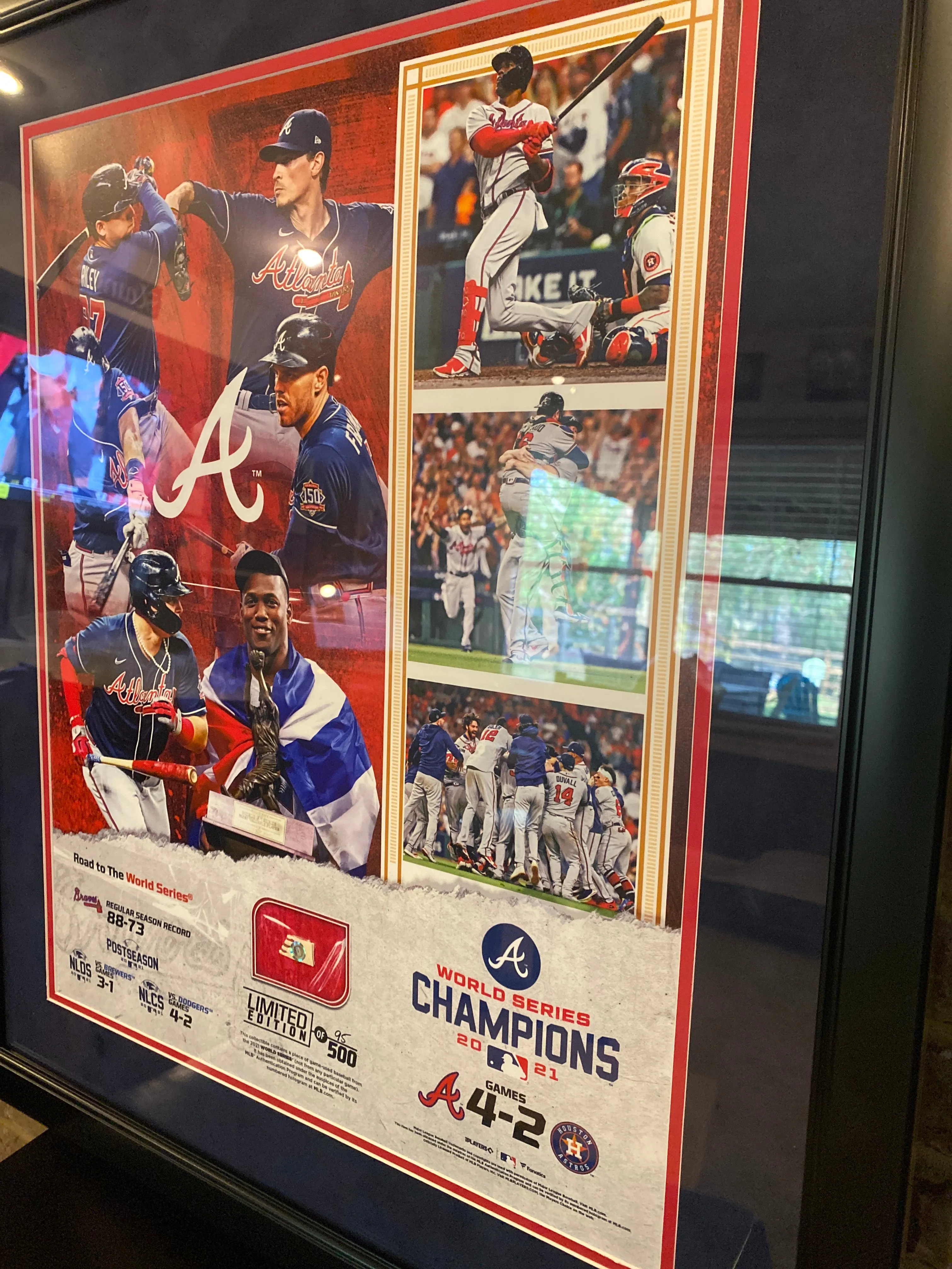 Atlanta Braves Fanatics Authentic 2021 MLB World Series Champions Framed 16'' x 20'' Scores Collage with a Piece of Game-Used Wo