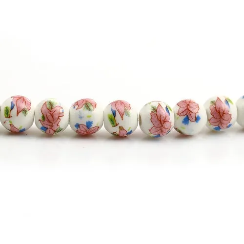 Ceramic Beads, Round, Floral, Pink, 8mm