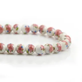 Ceramic Beads, Round, Floral, Pink, 8mm