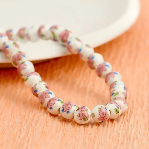 Ceramic Beads, Round, Floral, Pink, 8mm