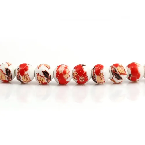 Ceramic Beads, Round, Floral, Red, 8mm