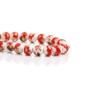 Ceramic Beads, Round, Floral, Red, 8mm