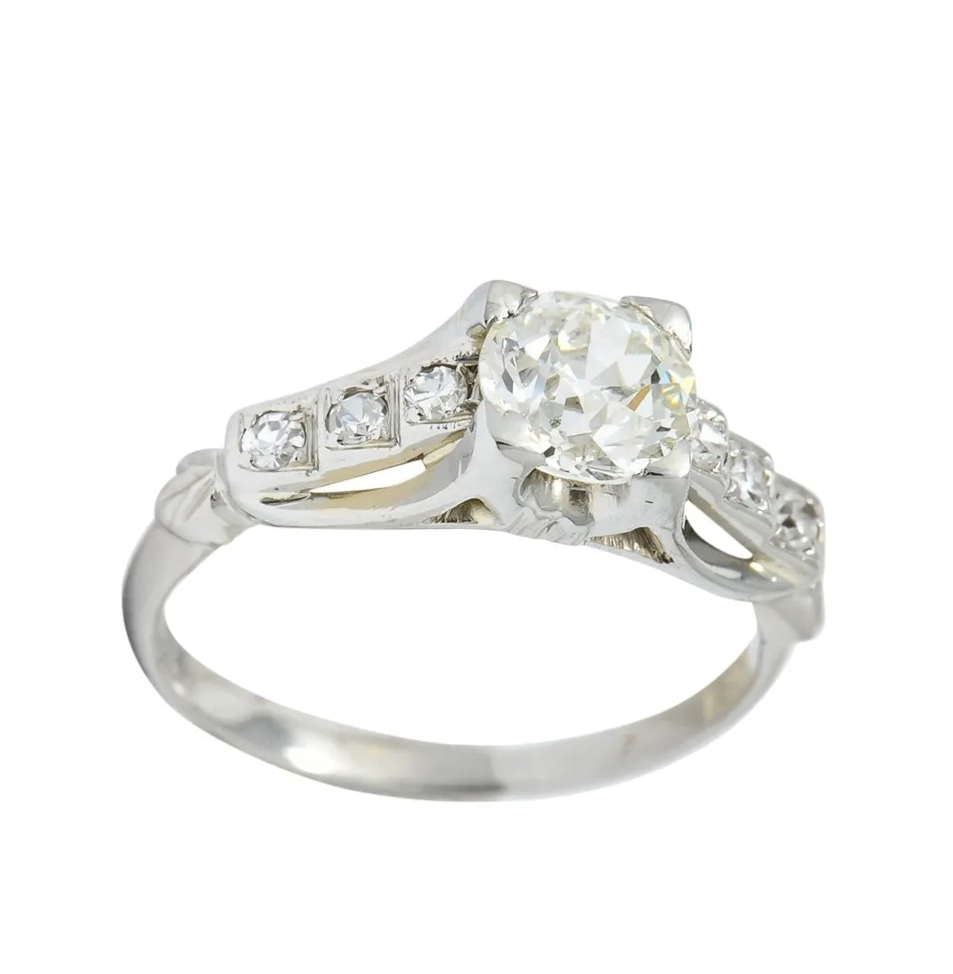 Circa 1940's Retro 1.16 CTW Diamond 18 Karat White Gold Engagement Ring GIA