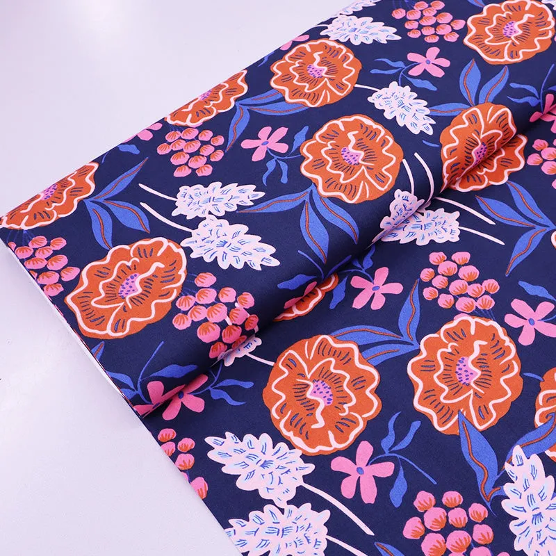 Cotton Poplin - Navy and Orange - Flower Bomb