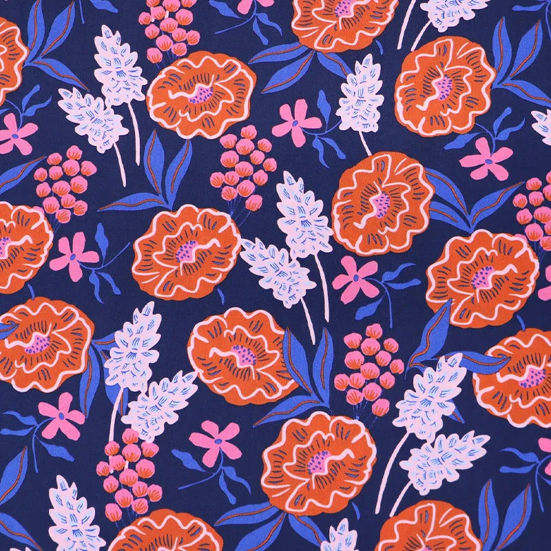 Cotton Poplin - Navy and Orange - Flower Bomb