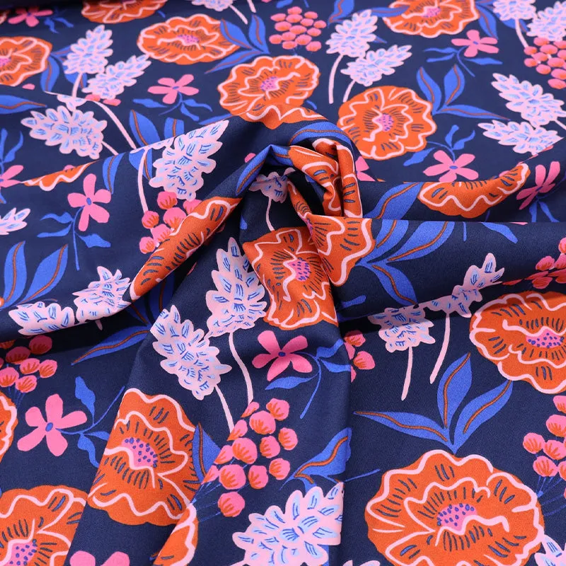 Cotton Poplin - Navy and Orange - Flower Bomb