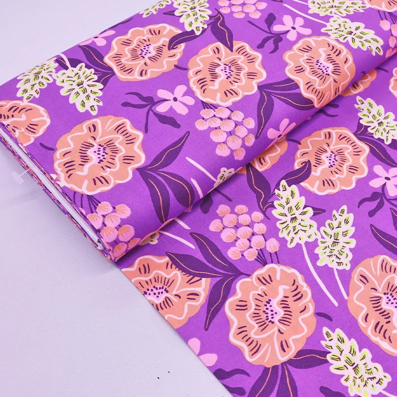 Cotton Poplin - Purple and Orange - Flower Bomb