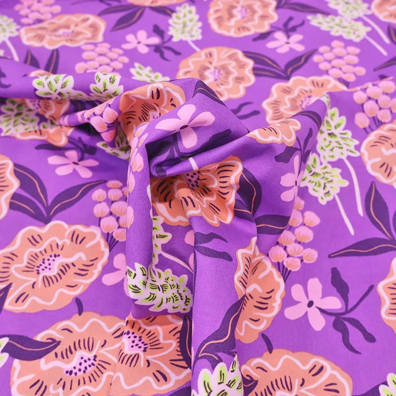 Cotton Poplin - Purple and Orange - Flower Bomb