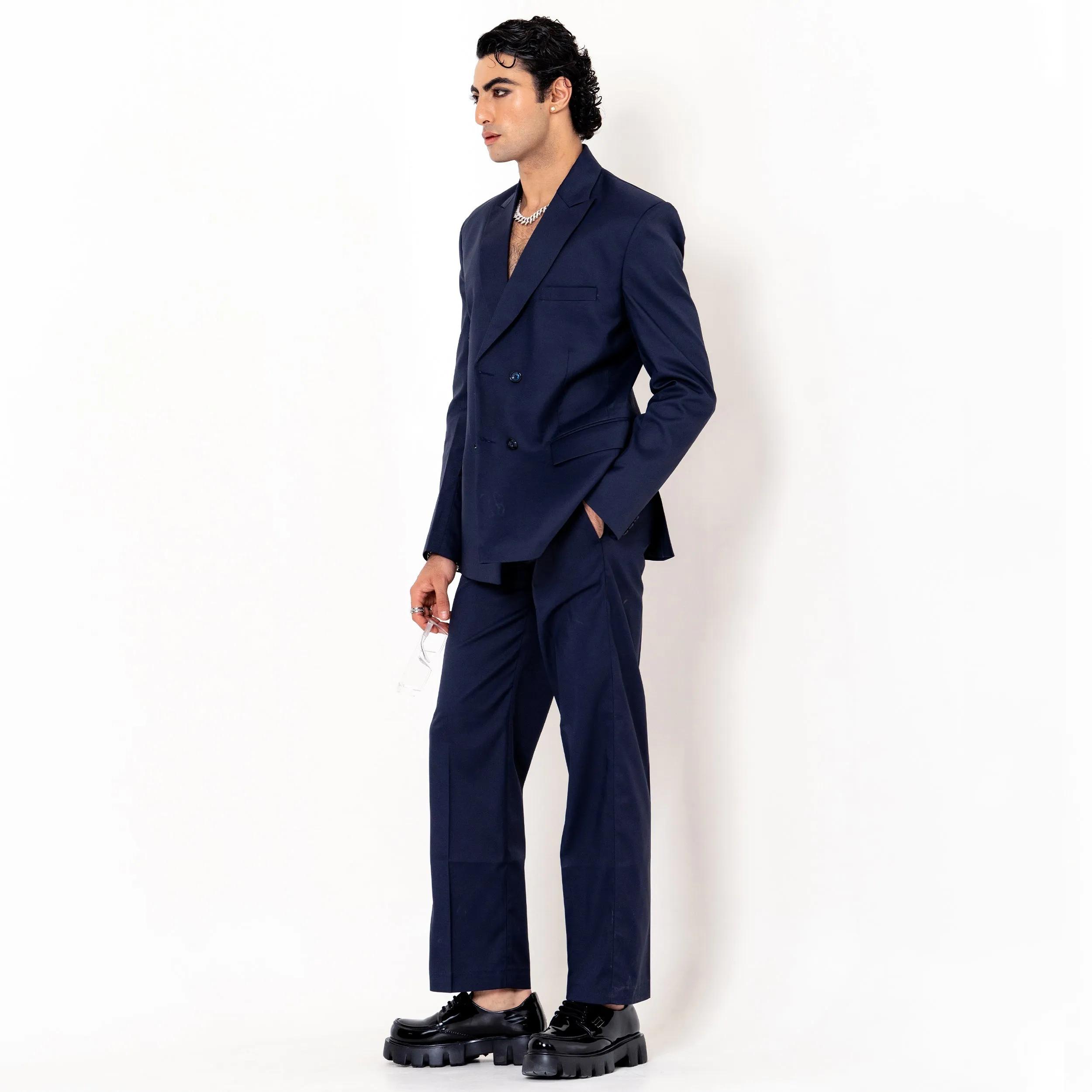 Dark Blue Double Button Loose  Fit Men's Suit