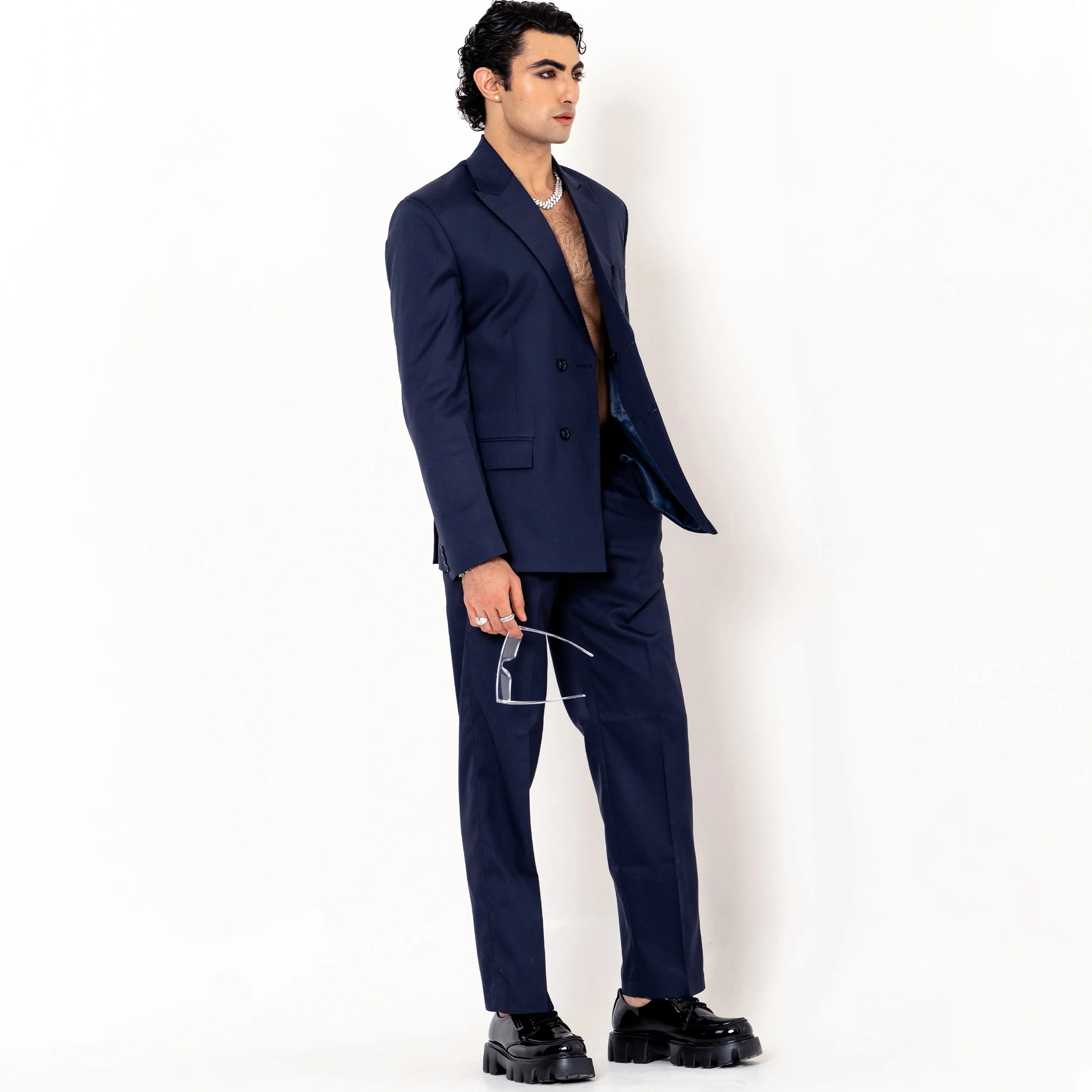 Dark Blue Double Button Loose  Fit Men's Suit