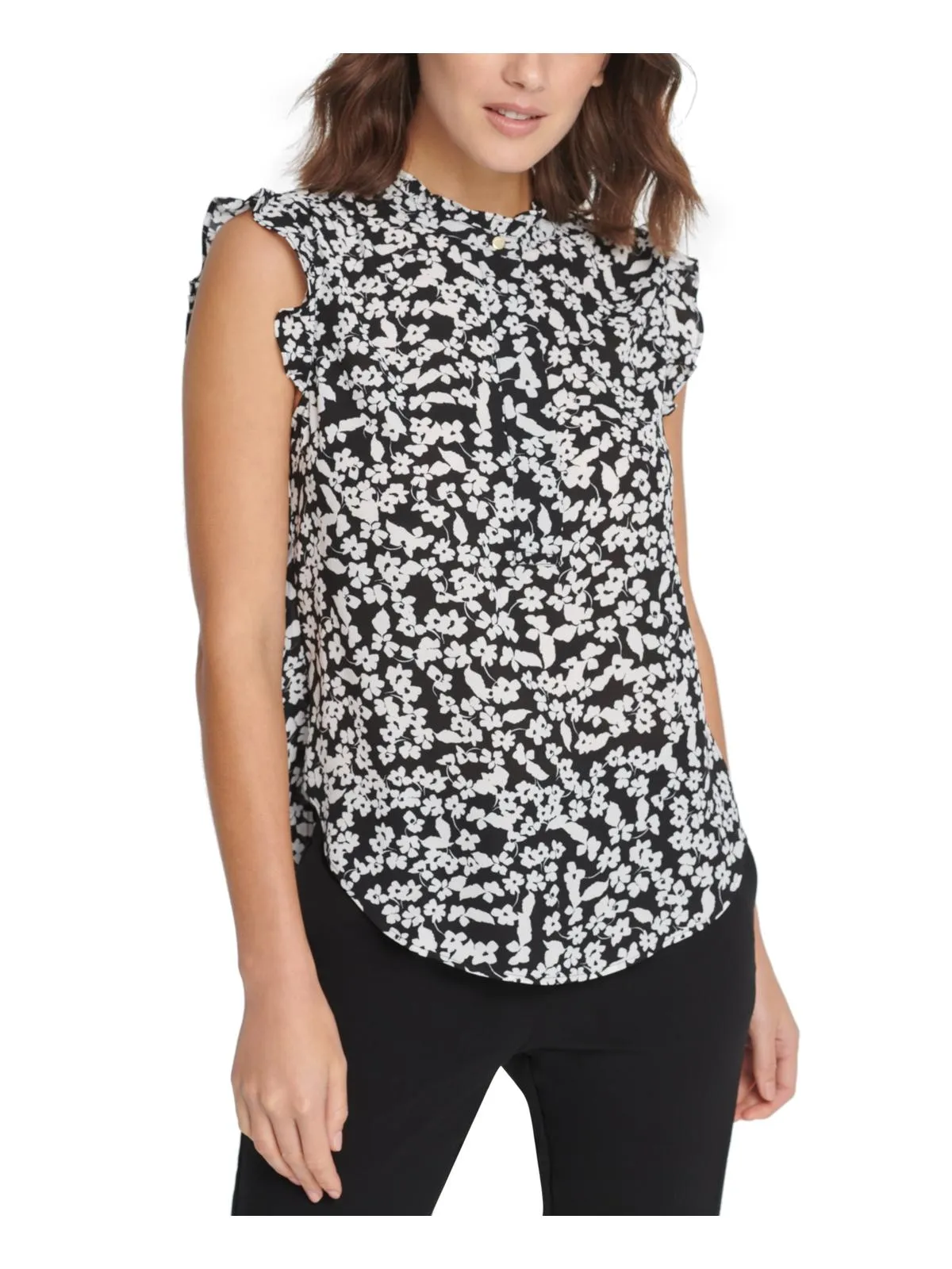 DKNY Women's Floral Print Sleeveless Ruffle Top Black Size X-Small