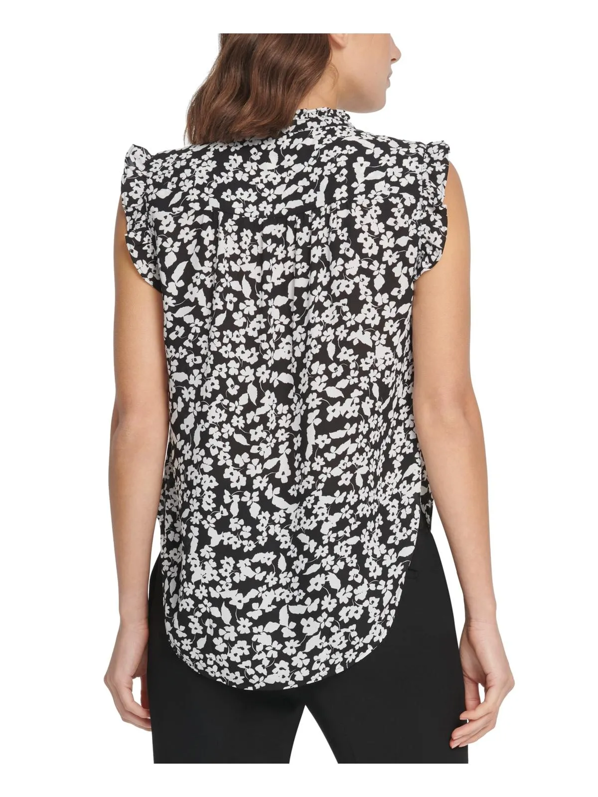 DKNY Women's Floral Print Sleeveless Ruffle Top Black Size X-Small