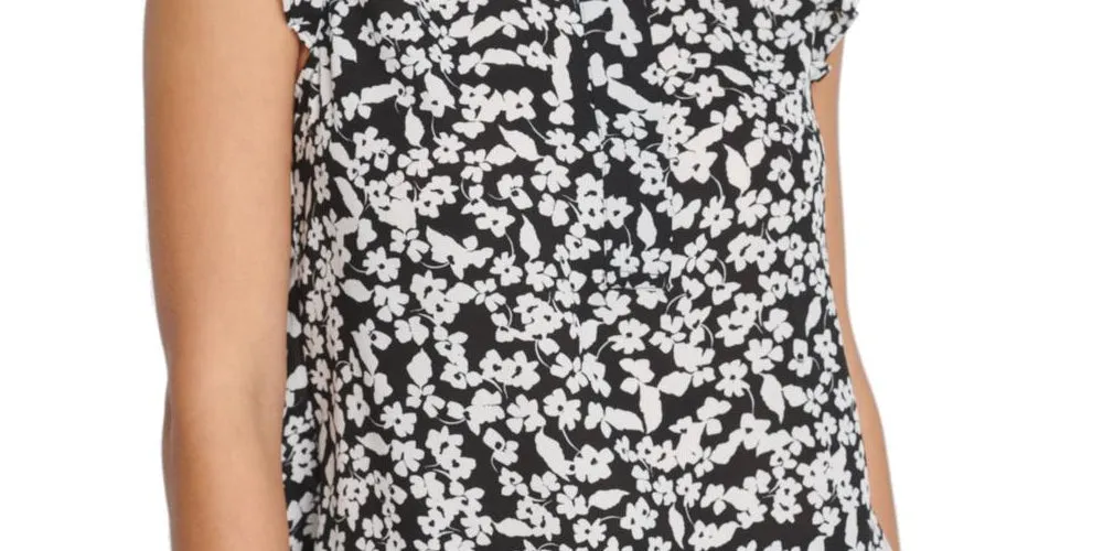 DKNY Women's Floral Print Sleeveless Ruffle Top Black Size X-Small