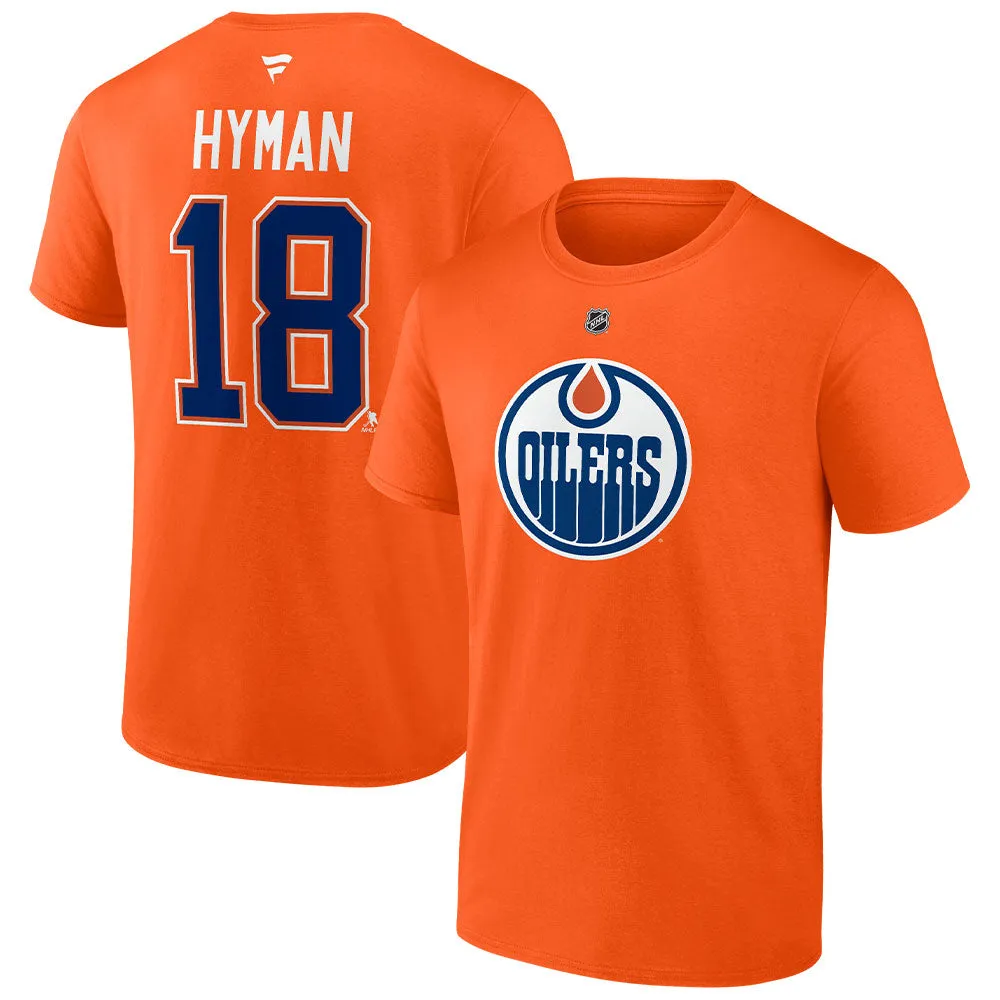 FANATICS EDMONTON OILERS ZACH HYMAN ORANGE NAME AND NUMBER T SHIRT