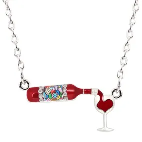 Fashion Ladies Party Enamel Floral Red Wine Bottle Glass Pendant Necklace