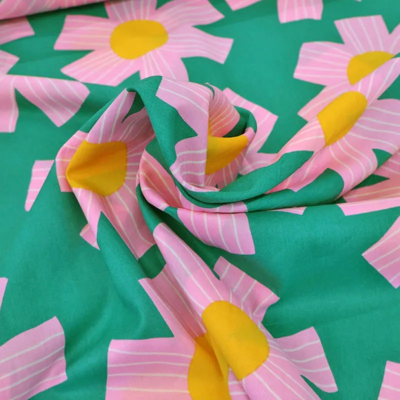 Floral Cotton Voile - Green and Pale Pink - Line Flower