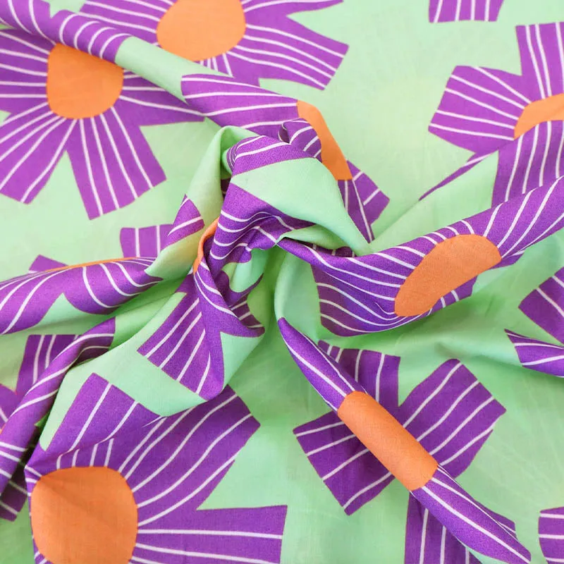 Floral Cotton Voile - Lime and Purple - Line Flower