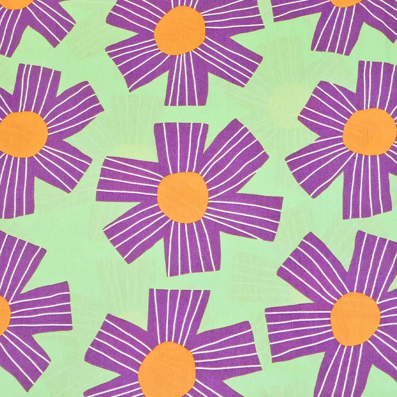 Floral Cotton Voile - Lime and Purple - Line Flower