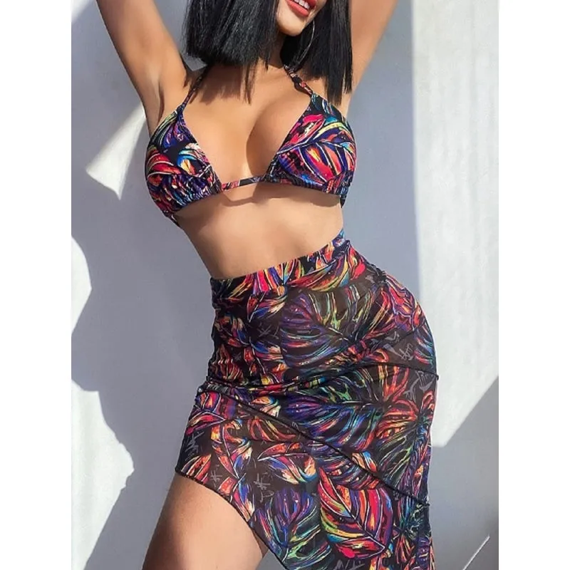 Floral Printed Sexy Halter Neck Wirefree Highwaist Bikini Beachwear