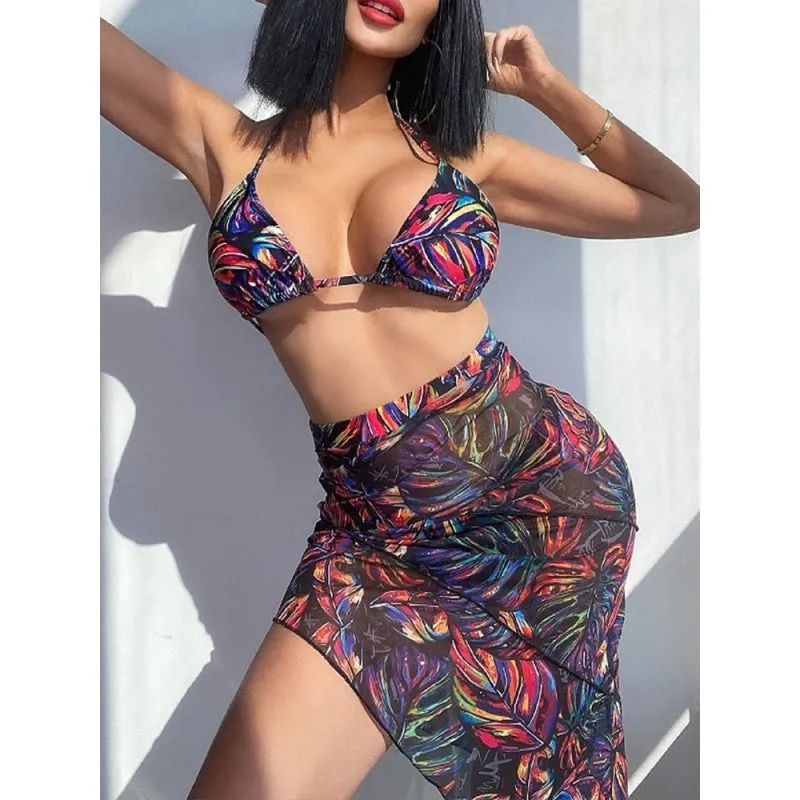 Floral Printed Sexy Halter Neck Wirefree Highwaist Bikini Beachwear