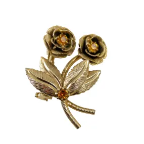 Gold Rose with Topaz Rhinestones Brooch