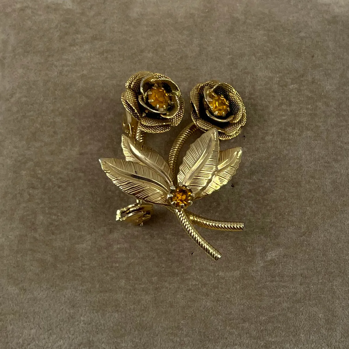 Gold Rose with Topaz Rhinestones Brooch