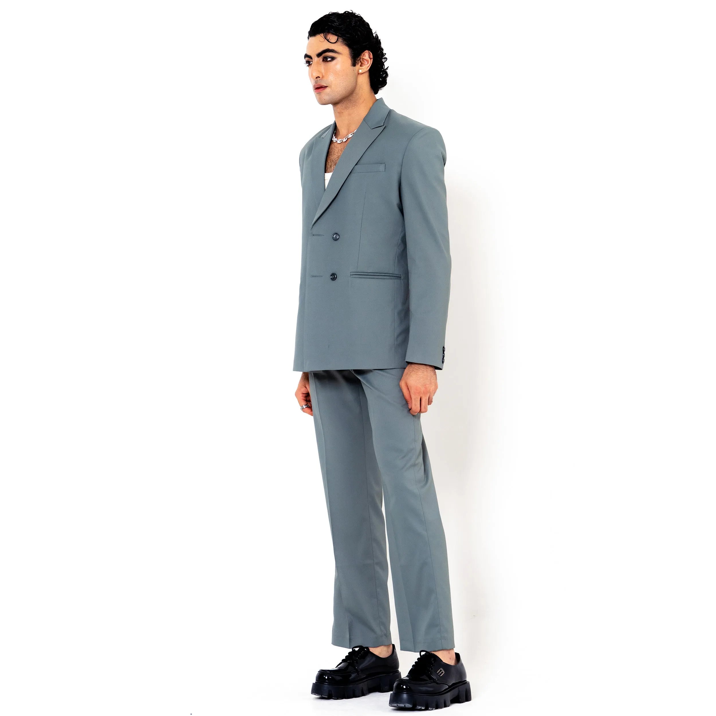 Grey Double Button Loose Fit Men's Suit