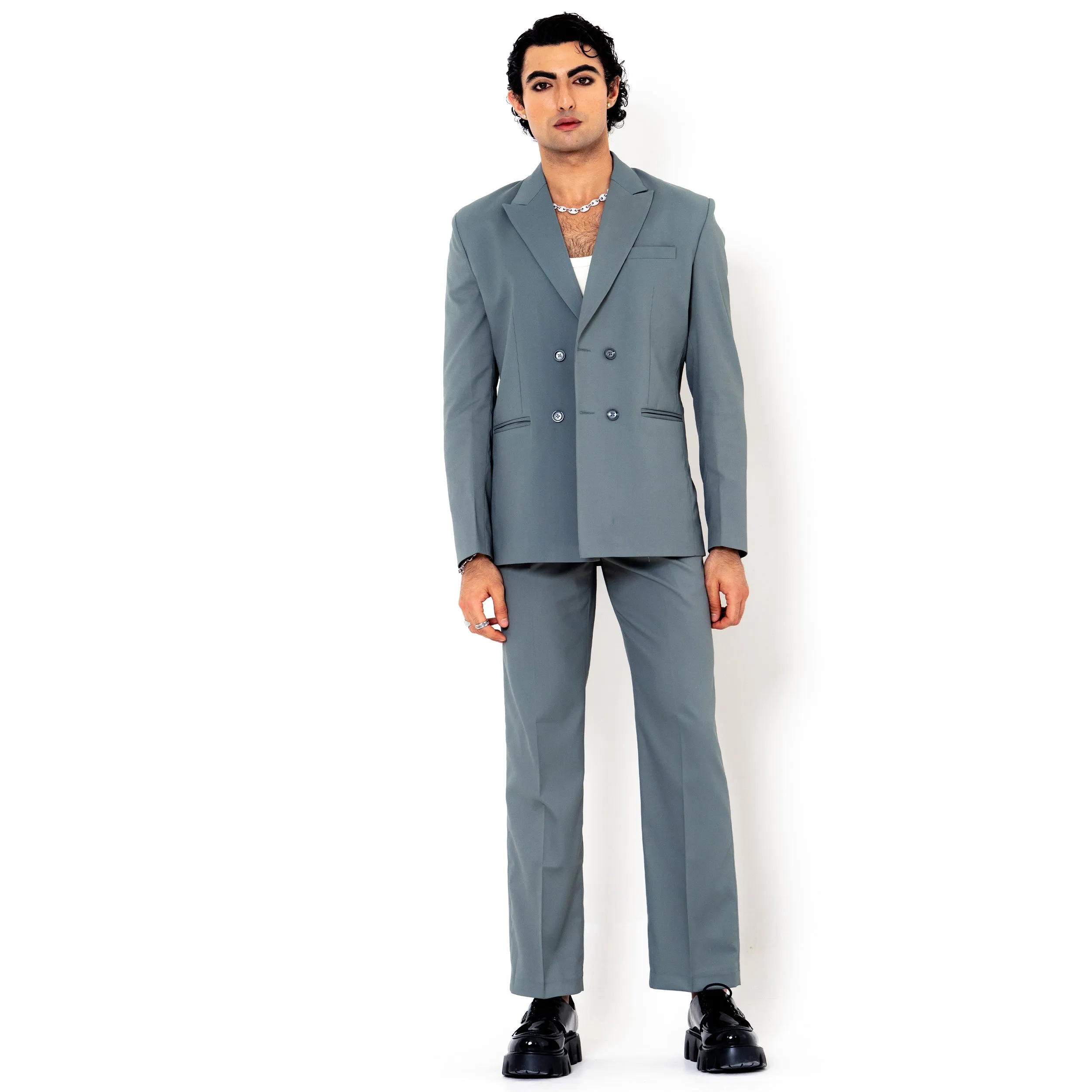 Grey Double Button Loose Fit Men's Suit