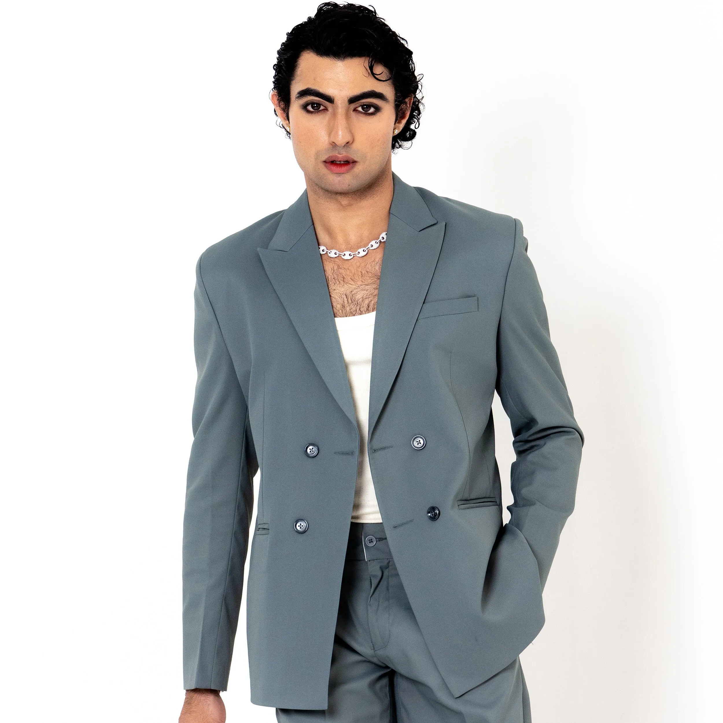 Grey Double Button Loose Fit Men's Suit