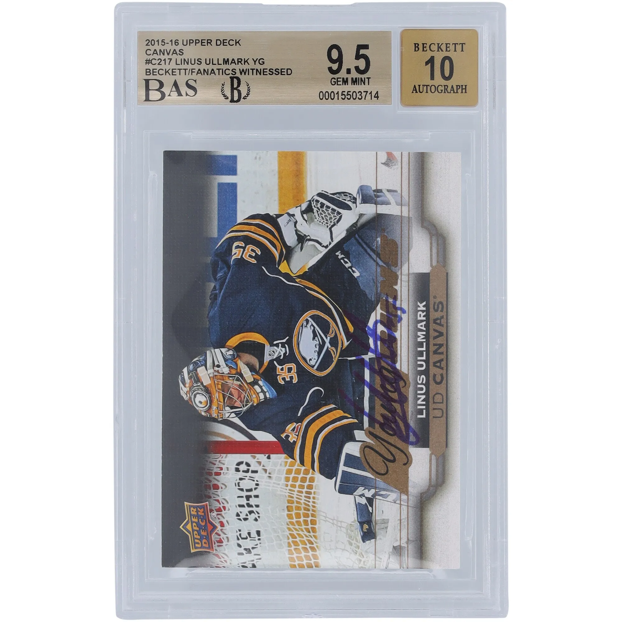 Linus Ullmark Buffalo Sabres Autographed 2015-16 Upper Deck Young Guns Canvas #C217 Beckett Fanatics Witnessed Authenticated 9.5