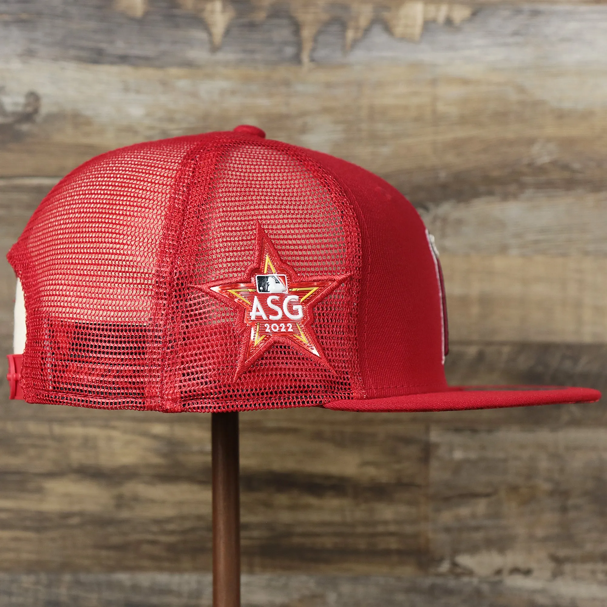 Los Angeles Angels Metallic All Star Game MLB 2022 Side Patch 9Fifty Mesh Snapback | ASG 2022 Red Trucker Hat