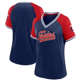 Minnesota Twins Fanatics Women's Glitz & Glam League Diva Raglan Navy V-Neck T-Shirt