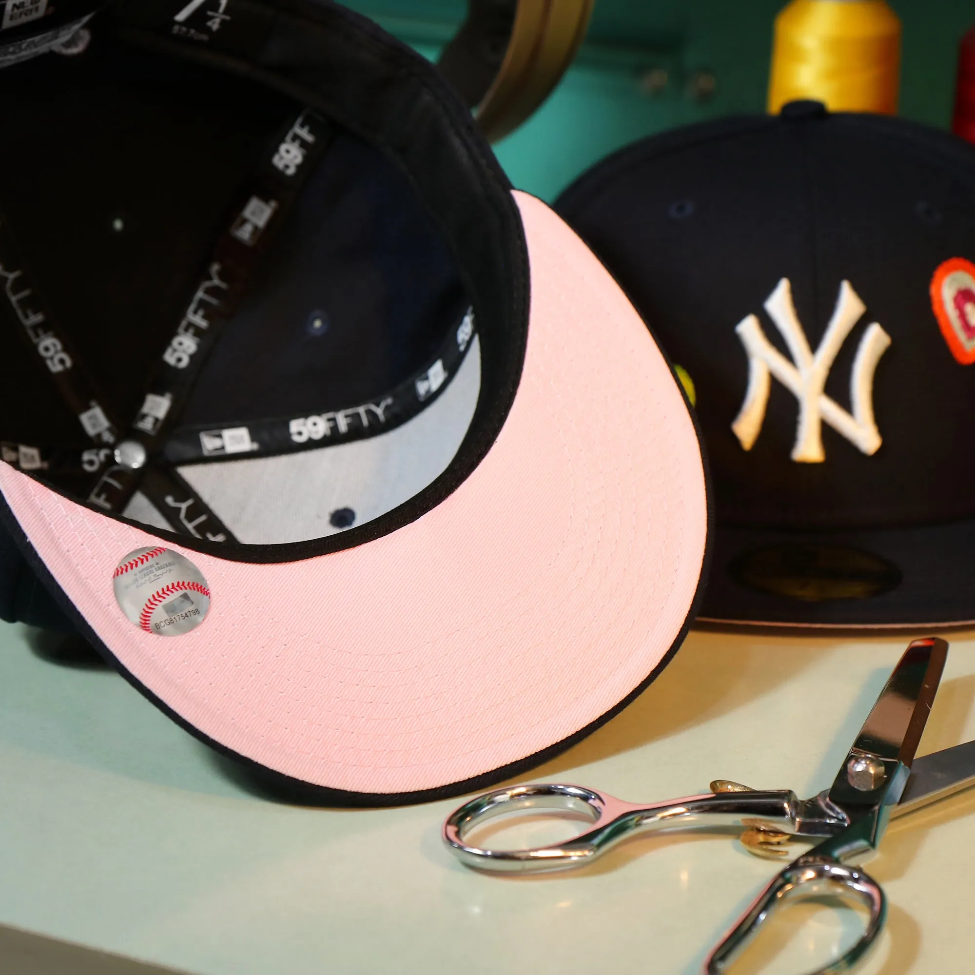 New York Yankees All Over Embroidered Chain Stitch Heart Pink Bottom 59Fifty Fitted Cap | Navy 59Fifty Cap