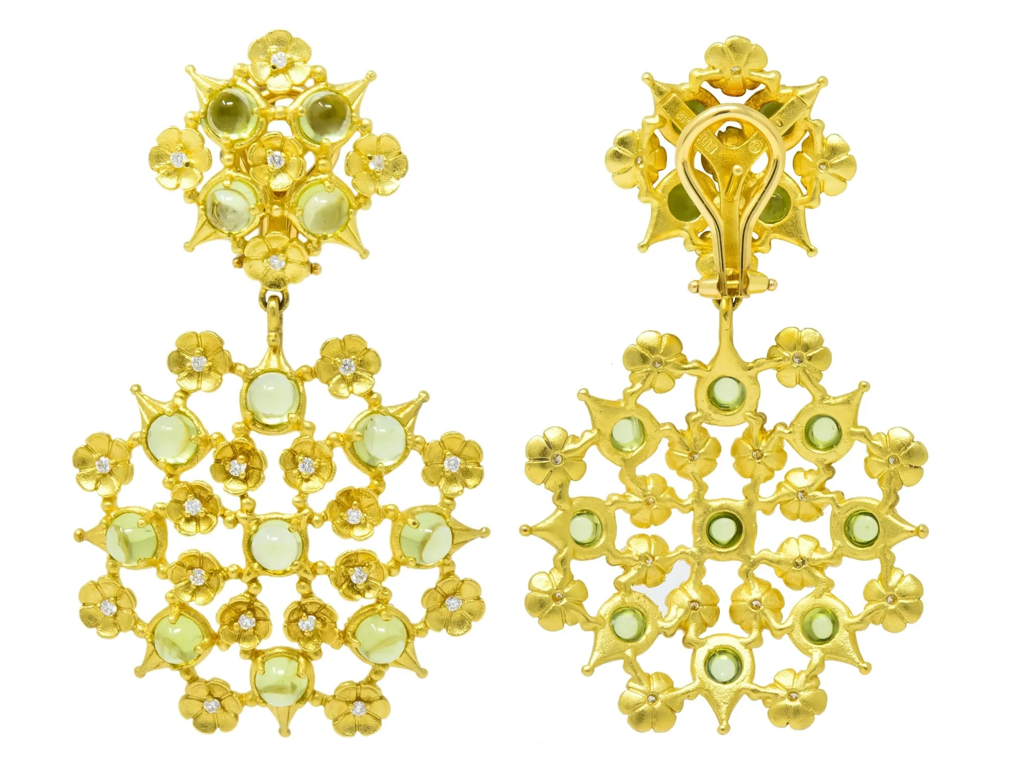 Paul Morelli 8.18 CTW Peridot Diamond 18 Karat Green Gold Floral Lace Earrings