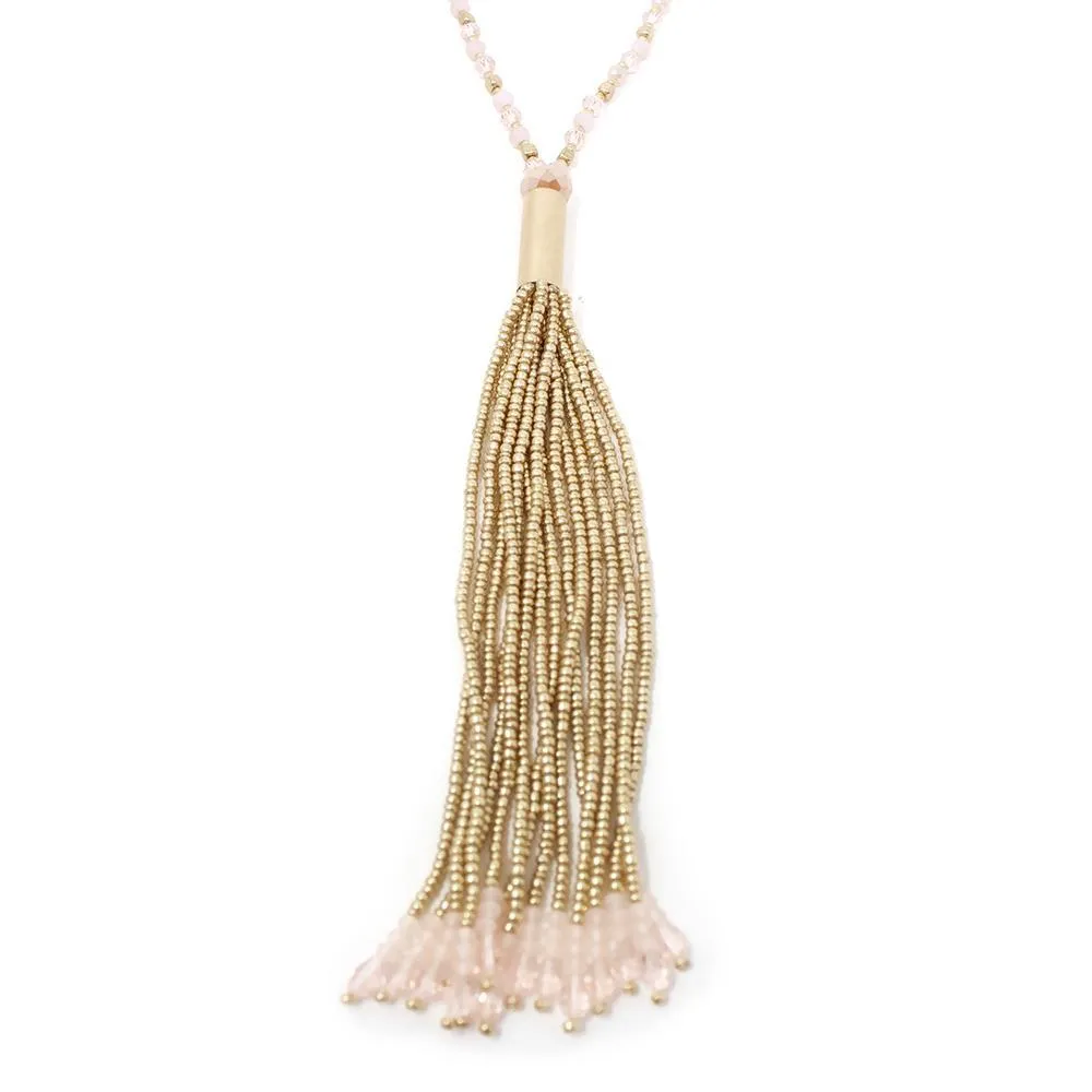 Pink Glass Bead Long Neck With Beaded Tassel Gold T