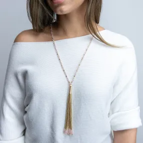 Pink Glass Bead Long Neck With Beaded Tassel Gold T