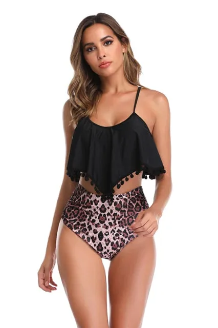 Plus Size Leopard Print Ruffle High Waist Padded Women Swim Suit 2 Pieces