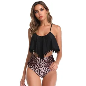 Plus Size Leopard Print Ruffle High Waist Padded Women Swim Suit 2 Pieces