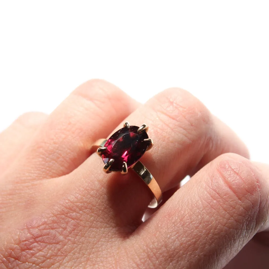 Raspberry Oval Rubellite Pink Tourmaline Ring in 14 Karat Yellow Gold