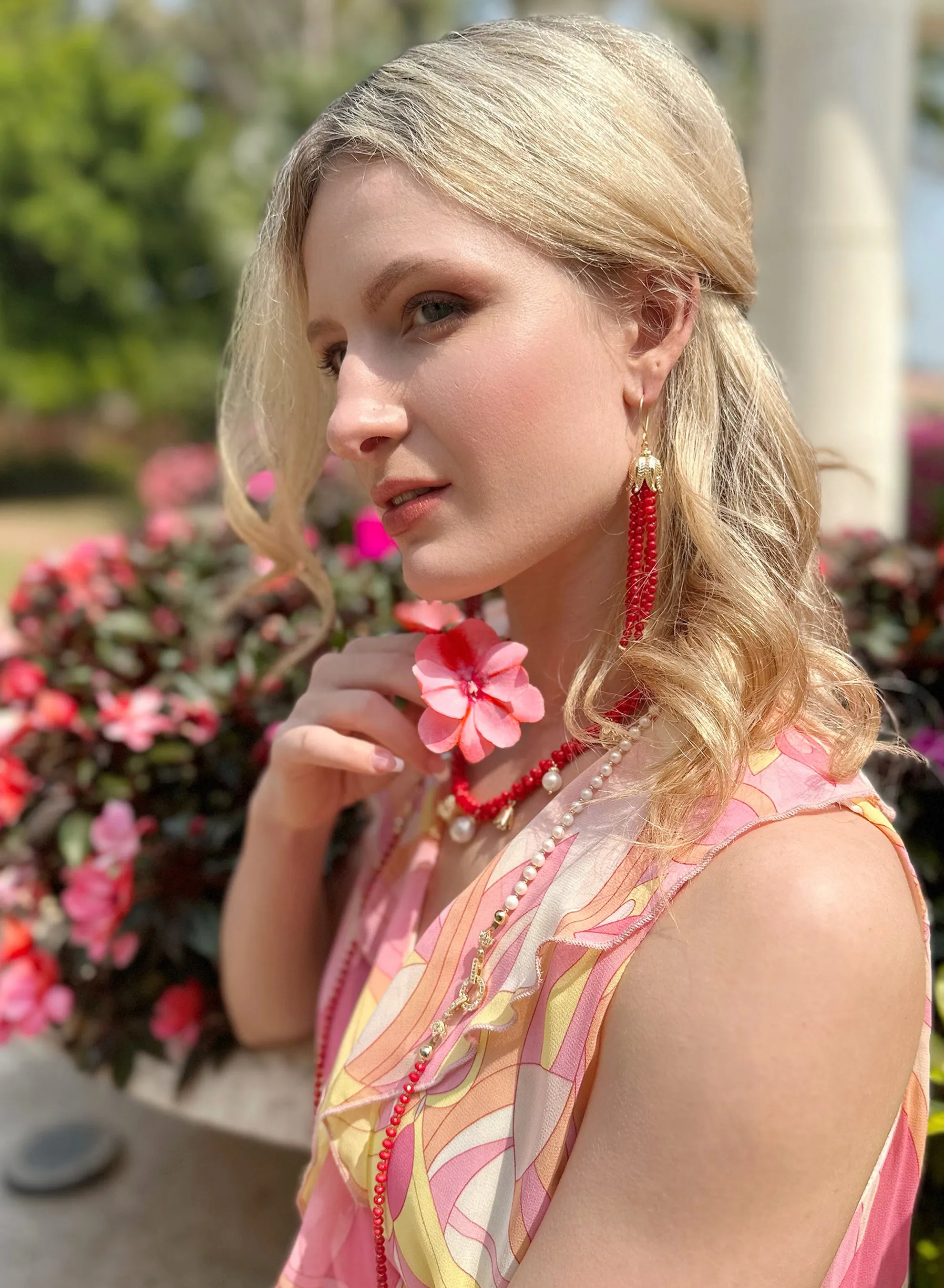 Red Coral Beaded Tassel Earrings JE006