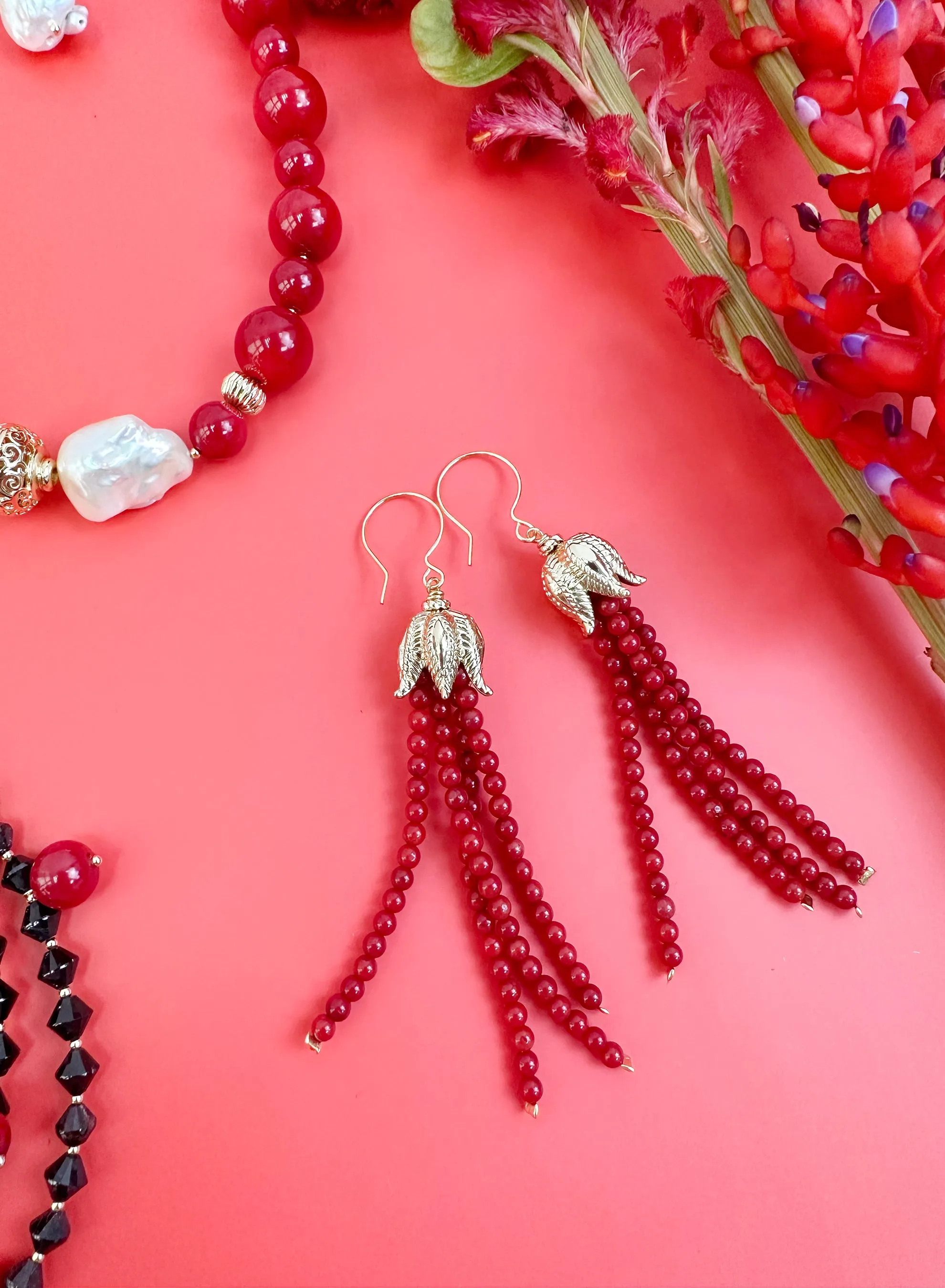 Red Coral Beaded Tassel Earrings JE006