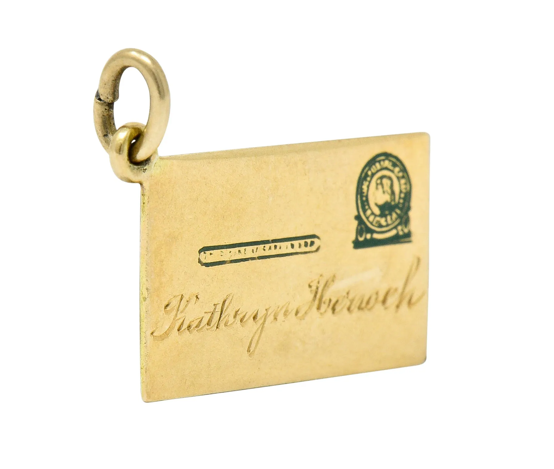 Retro 14 Karat Gold Jefferson Postal Card Charm Circa 1940s