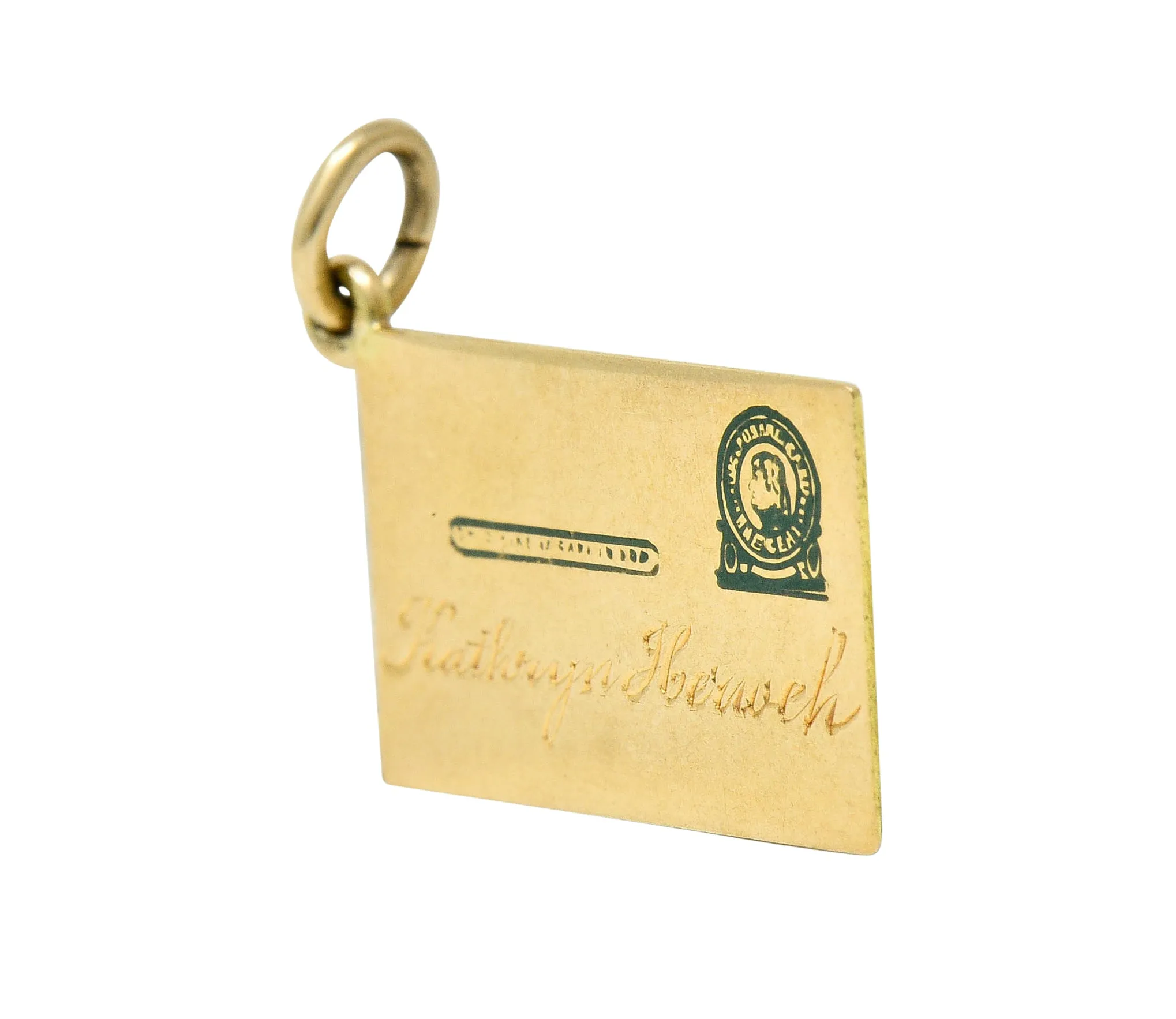 Retro 14 Karat Gold Jefferson Postal Card Charm Circa 1940s