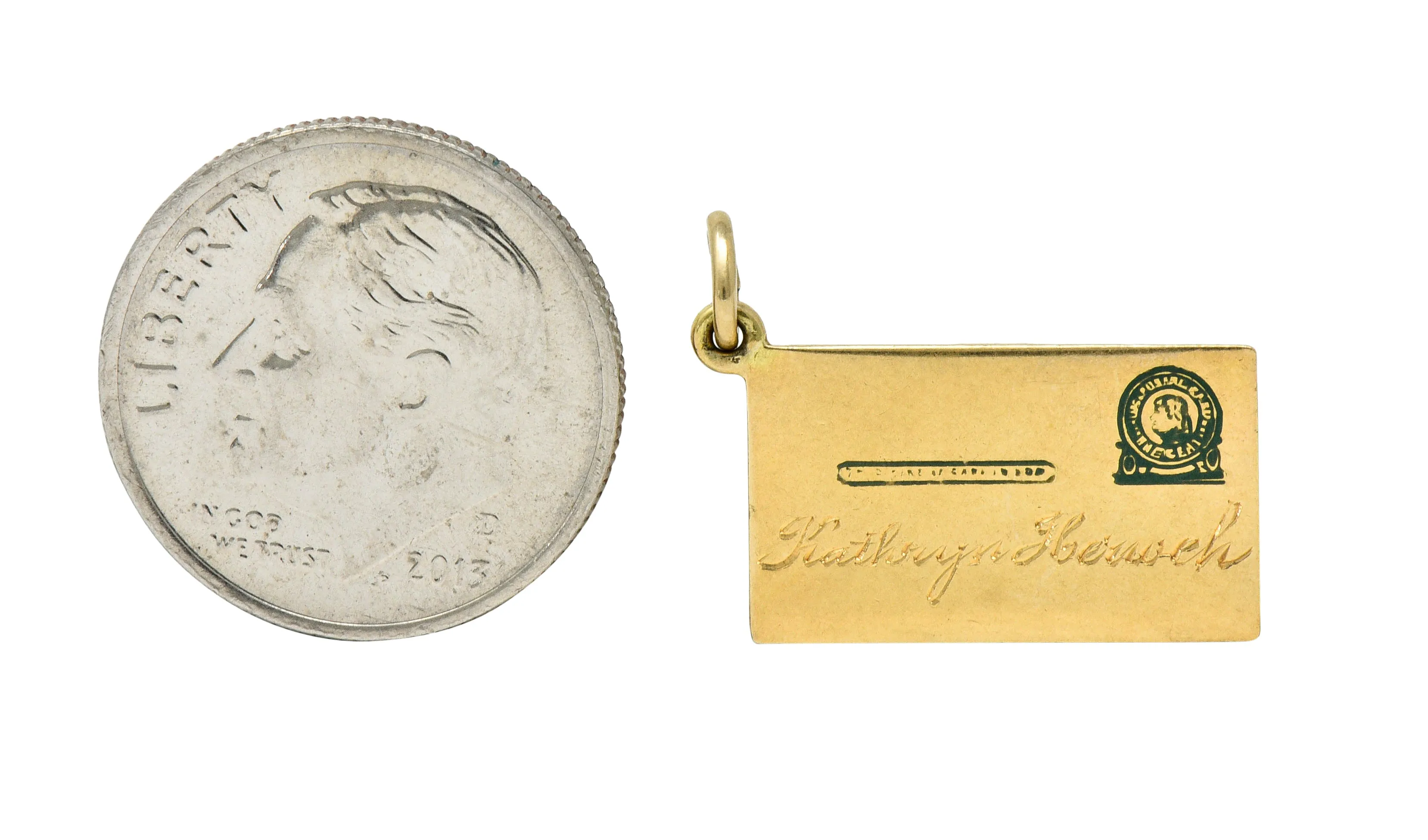 Retro 14 Karat Gold Jefferson Postal Card Charm Circa 1940s