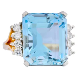 Retro 16.78 CTW Aquamarine Diamond 18 Karat Two-Tone Gold Cocktail Ring